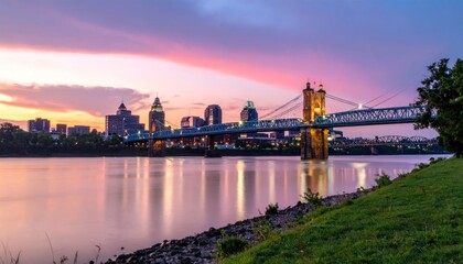 Fototapeta premium Cincinnati Skyline and Suspension Bridge at Sunset Over Ohio River.