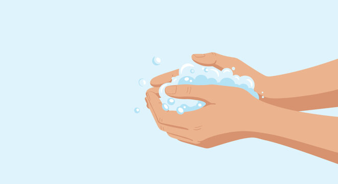 Close up of hands being washed with soap bubbles for hygiene health protection and preventing spread of germs.