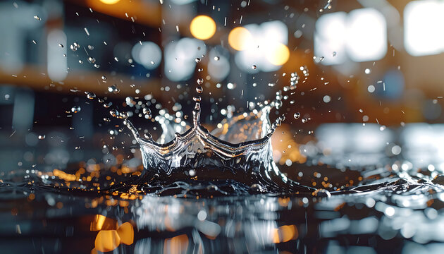 Water splash forming crown shape with many droplets, dark liquid surface, bokeh lights background, dynamic motion