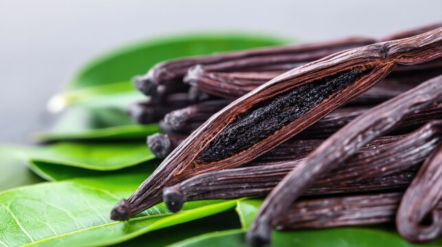 Arrangement of Vanilla Pods with Green Leaves on White Background