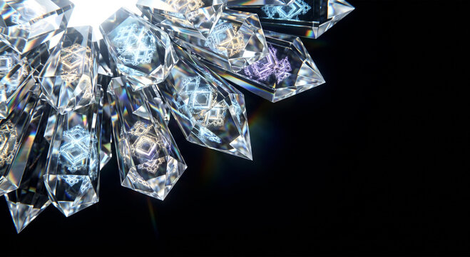 Abstract sharp glass prisms with internal fractals and rainbow light refraction on a dark black background, ray-traced 3D render