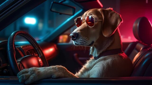 Illustration of a cool golden retriever dog wearing aviator sunglasses and driving a car at night