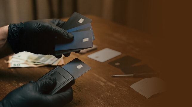 Man wearing black glove holding many stolen credit card and bank device. Criminal activity with money and illegal finance. Concept of cyber crime, identity theft and financial fraud.