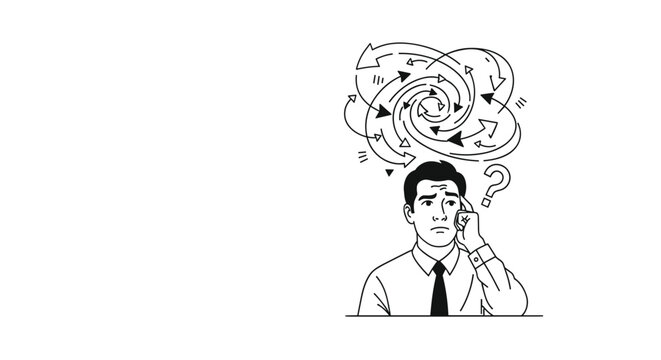 Confused businessman in a shirt and tie has a swirl of chaotic arrows and a question mark above his head while thinking.