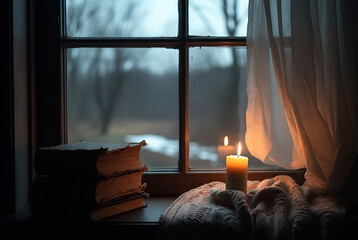 Obraz premium A candle illuminates a stack of books and a blanket on a windowsill, creating a cozy, quiet scene with a rainy landscape visible through the window.
