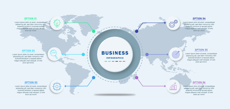 Modern circular business infographic template with connected workflow elements and world map background. Clean gradient design