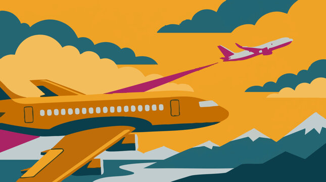 Airplanes flying over mountains in a vibrant, flat design travel illustration