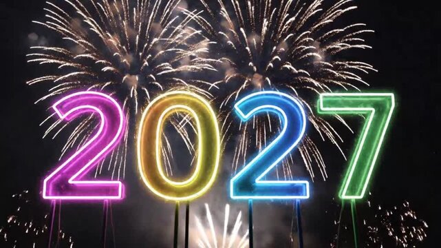 2027 neon numbers with fireworks highlighting geometric patterns and contemporary art