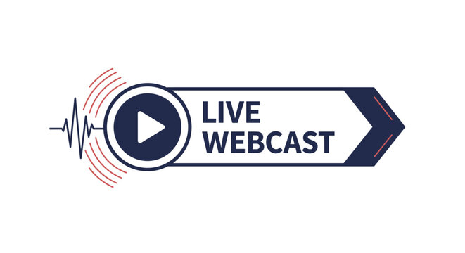 Live webcast banner template features a dark play button icon with red signal waves and an arrow shape on a clean white background for streaming.