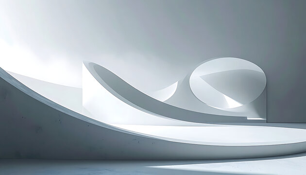 abstract architectural forms with smooth curves and sharp angles, modern minimalist interior design, clean white and grey tones, dramatic lighting and shadow play