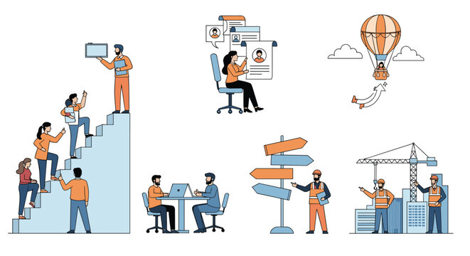 Set of business and industrial characters includes people climbing stairs interviewing and working on a construction site with a crane.