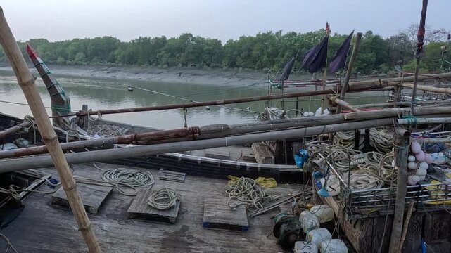 A close view of a trawler or a wooden row boat in the coastal areas of West Bengal, India.