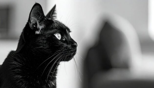 Close up black cat profile in black and white.