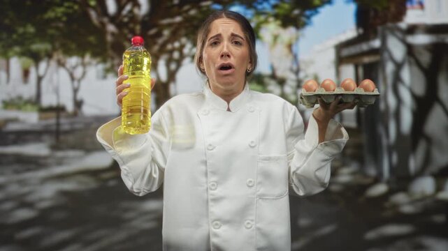 Woman chef holding yellow oil bottle in one hand and egg carton in the other, face tilted up on a street; exasperation kitchen dilemma.