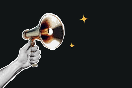 Halftone loudspeaker in hand - vintage collage element. Collage design paper sticker in trendy retro 90s magazine style. Vector illustration with vintage cutout shape.