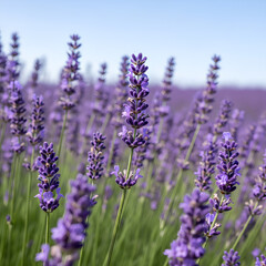 Fototapeta premium Lavender Field in Bloom Under a Clear Blue Sky.