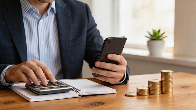 Businessman using smartphone calculator notebook for finance management saving money planning calculating coins stacks on desk in modern office environment
