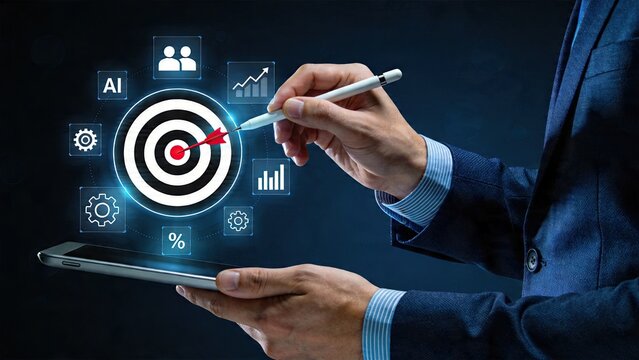 Businessman aiming at target on tablet screen using stylus for digital strategy
