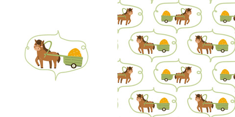 Obraz premium Cute coquette pattern with horse and cart of hay. Fanny farm print and pattern for nursery, girly designs.