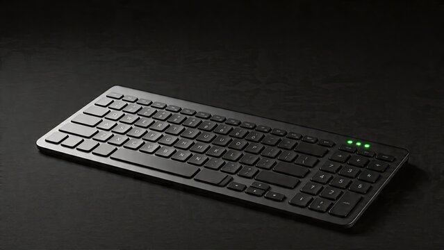 Black computer keyboard isolated on dark background with green indicator lights close up view of typing device technology office equipment mockup for design