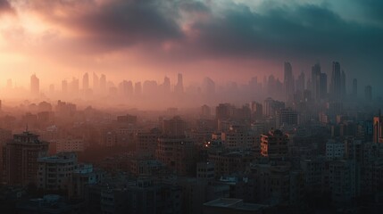Obraz premium Dense city skyline covered in haze at sunset, AI-generated.