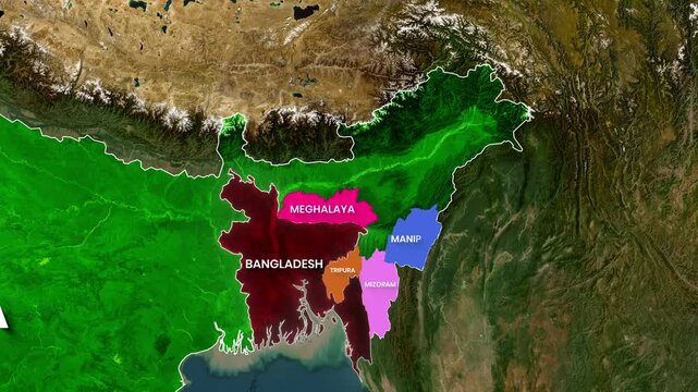 Animated map showing northeast Indian states and Bangladesh in digital motion footage