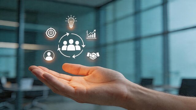 Business man holding teamwork concept success in office future technology smart growth idea partnership handshake icons with light bulb targets charts strategy presentation