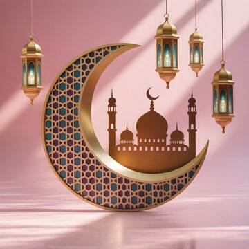Ramadan crescent moon with mosque silhouette and lanterns
