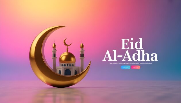 Eid Al-Adha Celebration Background with Mosque and Crescent Moon
