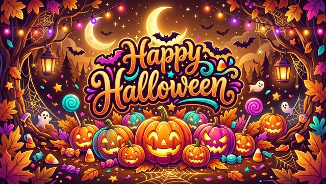 Happy Halloween greeting in spooky forest. Carved pumpkins with smiling faces surrounded by ghosts bats and candy. Autumn night under full moon with lanterns spider webs and leaves