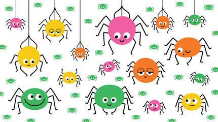 Obraz premium Cute Cartoon Spiders Collection in Pink, Yellow, Orange, and Green Hanging on Webs or Crawling with Cheerful Faces in Fun Colorful Vector Illustrations.