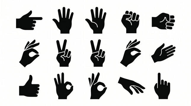 A shiloutte vector icon pack featuring multiple hand gesture postures designed in a consistent minimal silhouette style. Each hand icon is created with uniform stroke weight.