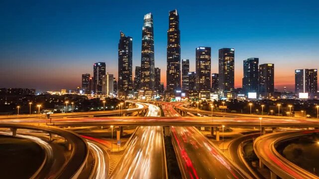 City skyline with illuminated highways at dusk symbolizing tranquility, harmony, and natural balance