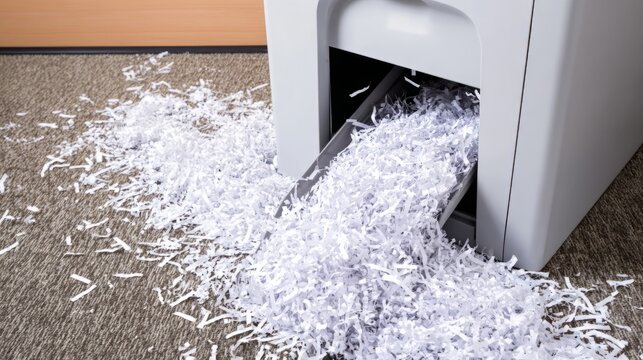 Paper shredder overflowing with cut documents lying on office floor. Messy heap of shredded waste pile equipment. Data destruction and privacy protection security control concept cleanup.