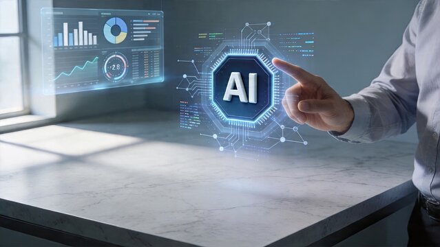 Businessman interacting with futuristic hologram artificial intelligence interface in modern office digital technology neural network machine learning big data analytics dashboard