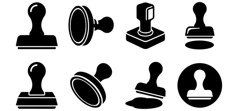 Collection of black rubber stamp and stamper icons for office design