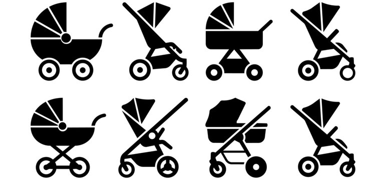 Collection of black baby stroller, pram, and pushchair icons