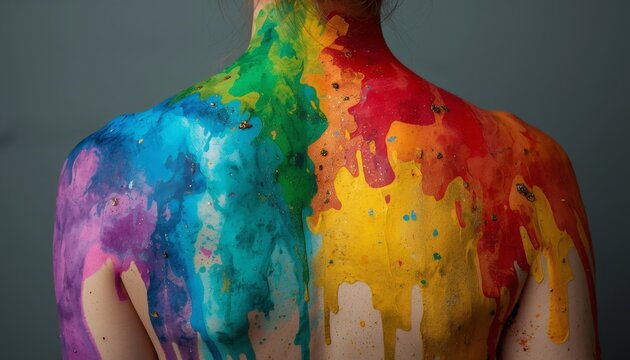 Painting on the back of a woman ' s body with colorful paint all over it