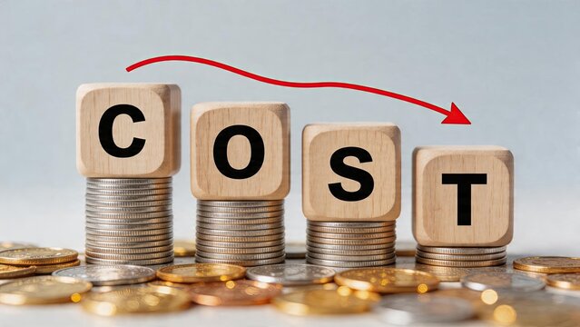 Business finance concept money coin tower stack reducing cost with red arrow down wooden cubes letters