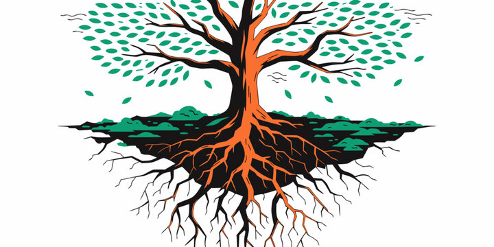 Stylized graphic tree illustration with visible root system and green foliage against white background illustration environment botanical branches structure foundation minimalist