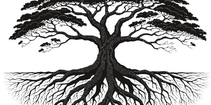 Detailed black and white sketch of a majestic tree with sprawling roots and dense leaf canopy illustration monochrome botanical branches foundation structure isolated background