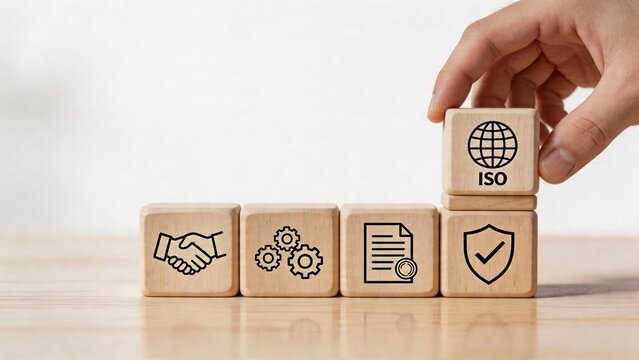 Business man placing wooden block with ISO logo on top of other cubes symbolizing certification quality control security shield icon handshake partnership mechanical gears process