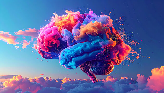 Abstract pixelated brain exploding with vibrant colors, floating in a surreal sky with clouds during sunset, representing imagination and creativity