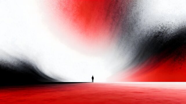 Silhouette of a Person in Red and White Abstract Landscape