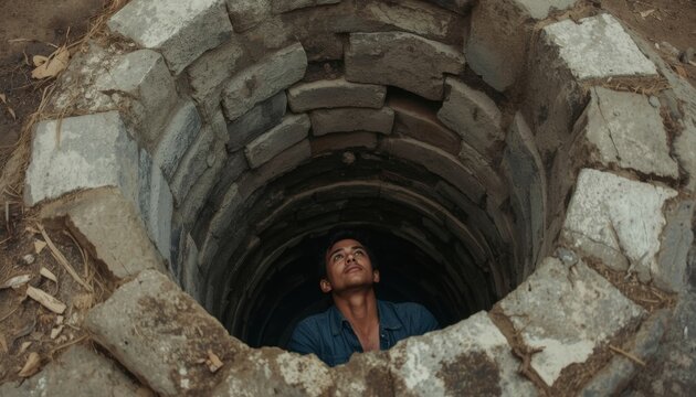 There is a man that is standing inside of a hole in the ground