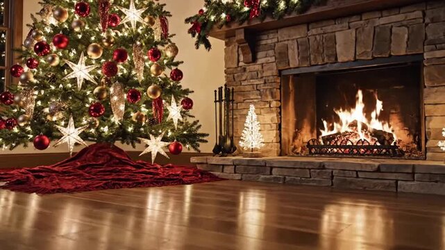 Christmas tree and fireplace in a cozy room ideal for travel vlogs and eco-friendly campaigns