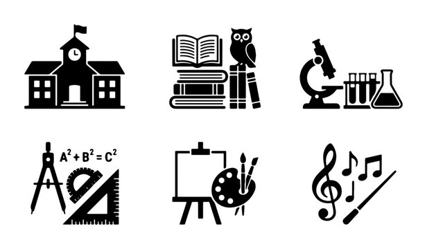 school building book owl microscope paintbrush musical notes math geometry art easel