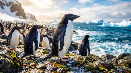 Obraz premium Group of penguins standing on mossy rocks by ocean shore. Icebergs floating in sea with snowy mountains. Antarctic wildlife and polar nature exploration concept