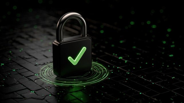 A close-up of a metallic, square padlock with a glowing green checkmark, surrounded by concentric circles, set against a digital-themed black background