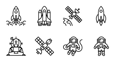 a set of vector space exploration icons including rockets satellites and astronauts on white background © Raju